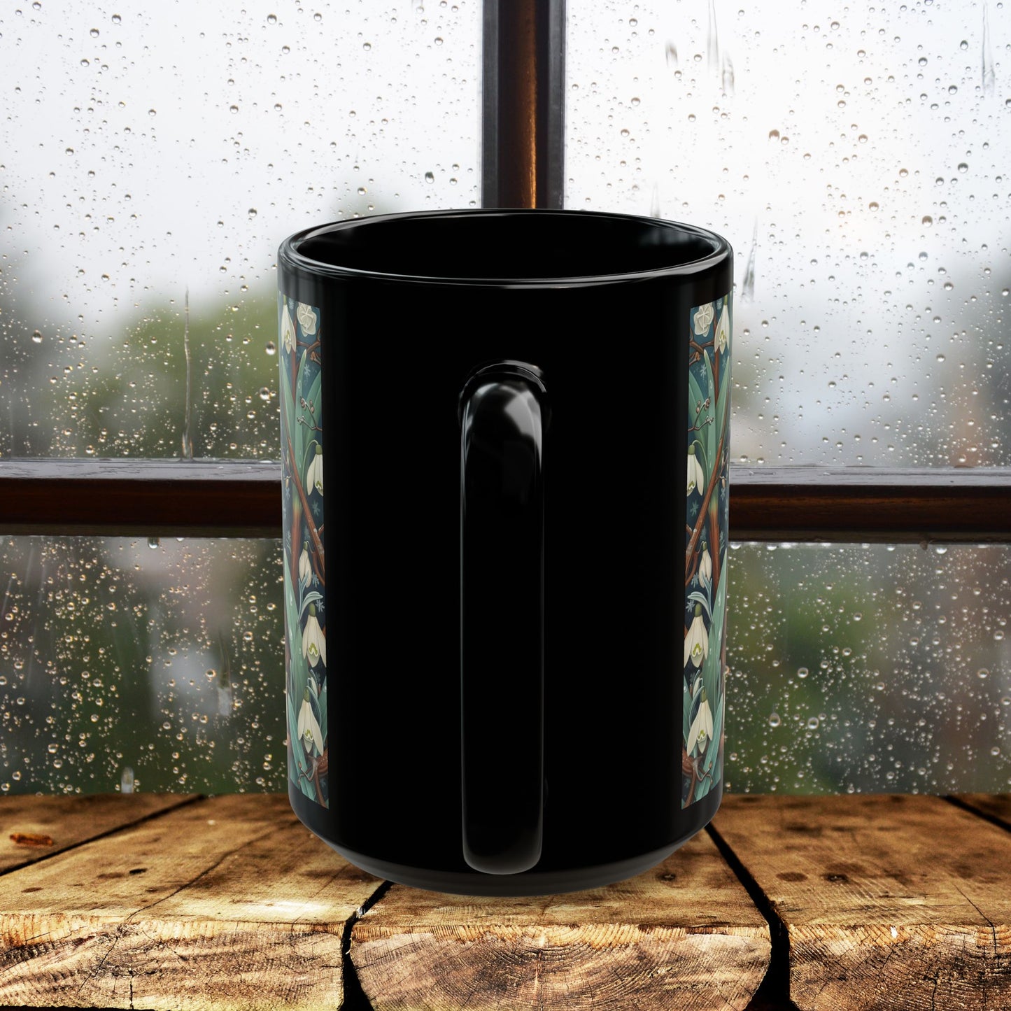 Whimsical Owl Snowdrop Floral Black Mug - Woodland Nature Coffee Cup, Forest Animal Art Gift, Cozy Rustic Drinkware