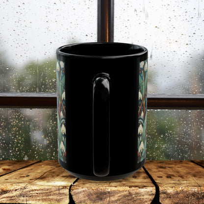 Whimsical Owl Snowdrop Floral Black Mug - Woodland Nature Coffee Cup, Forest Animal Art Gift, Cozy Rustic Drinkware