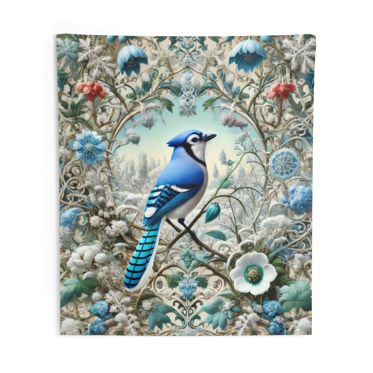 Tapestry of Blue Jay Winter Flower Garden William Morris Inspired Hanging Bird Florals Home Decor