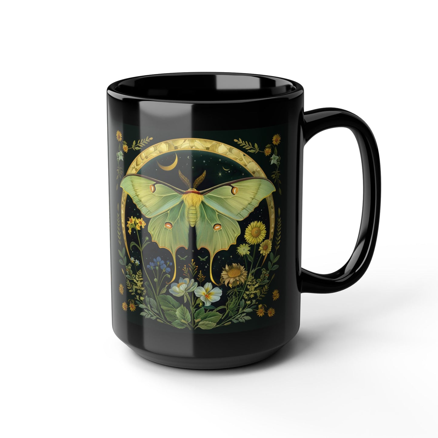 William Morris Inspired Luna Moth Crescent Moon Black Coffee Mug 11oz | Magical Luna Moth Ceramic Black Mug Gift