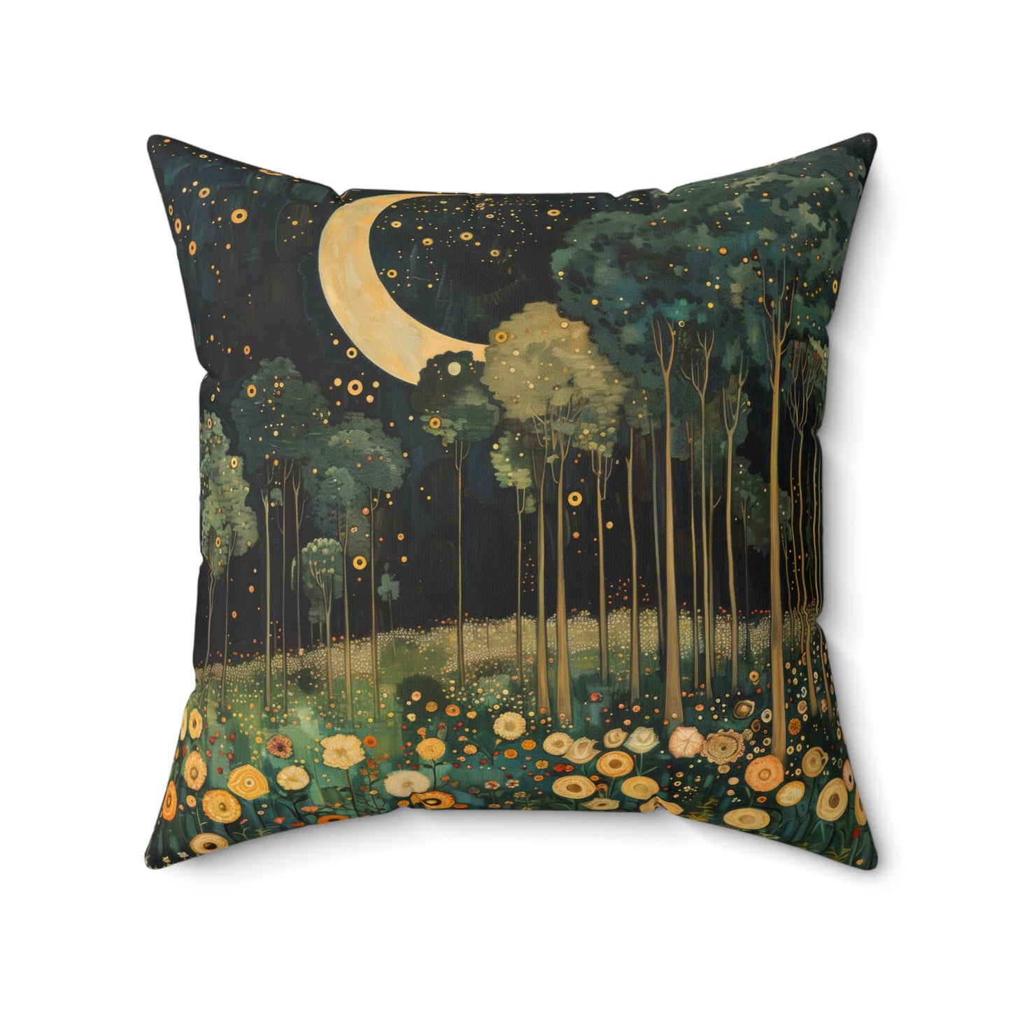 Moonlit Forest Decorative Pillow, Gustav Klimt Inspired Night Sky Botanical Cushion