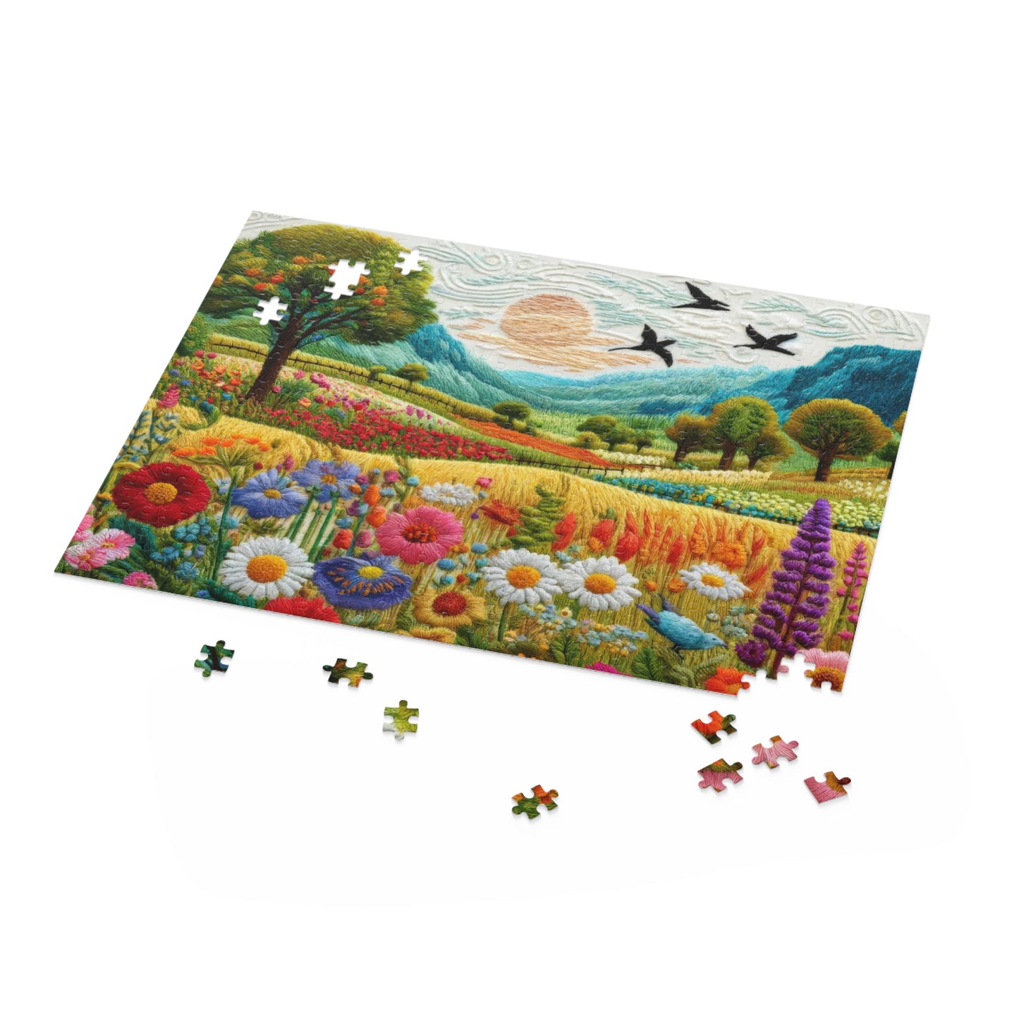 Embroidered Spring Wildflowers Jigsaw Puzzle (120, 252, 500-Piece) Gift-Ready Box, Adult Jigsaw Puzzle