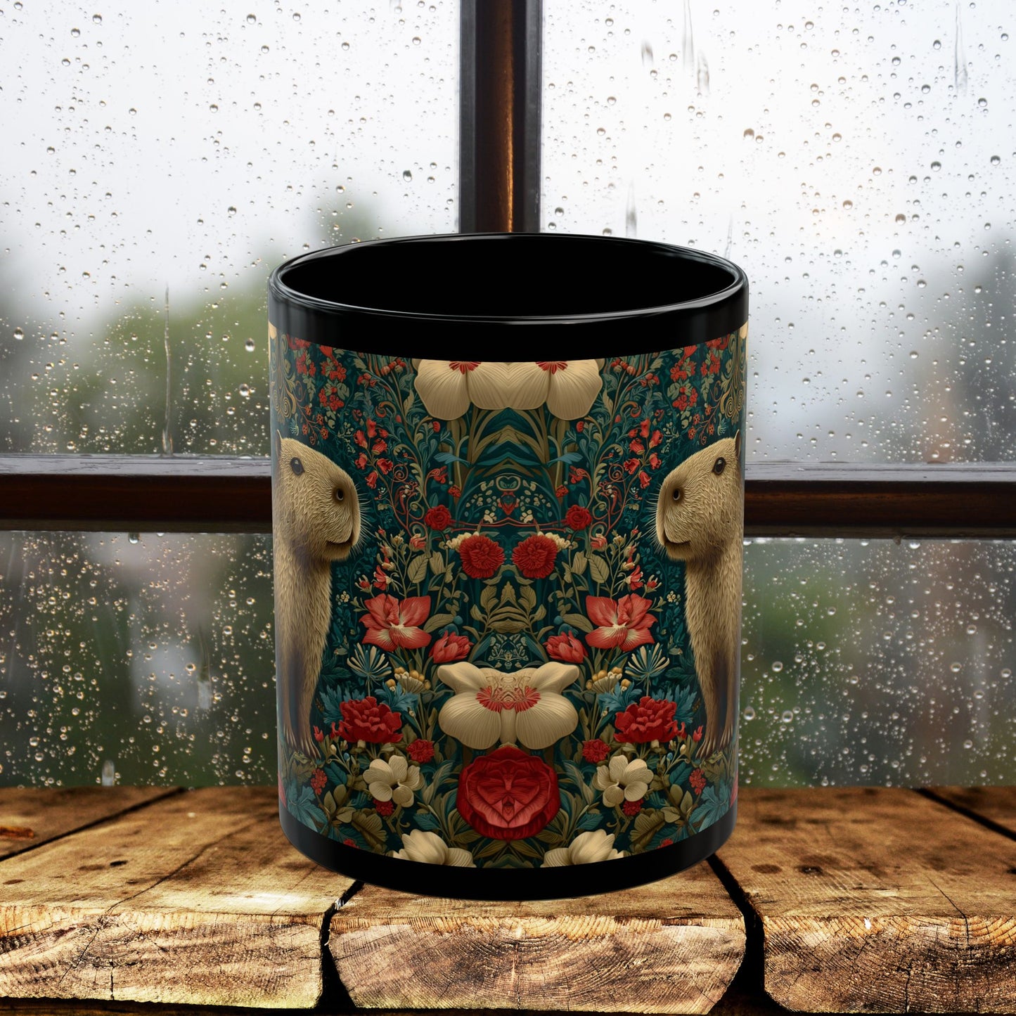 Floral Capybara Mug, Black Ceramic Woodland Coffee Cup 11oz & 15oz, Cute Nature Animal Art Gift with Vintage Botanical Flowers