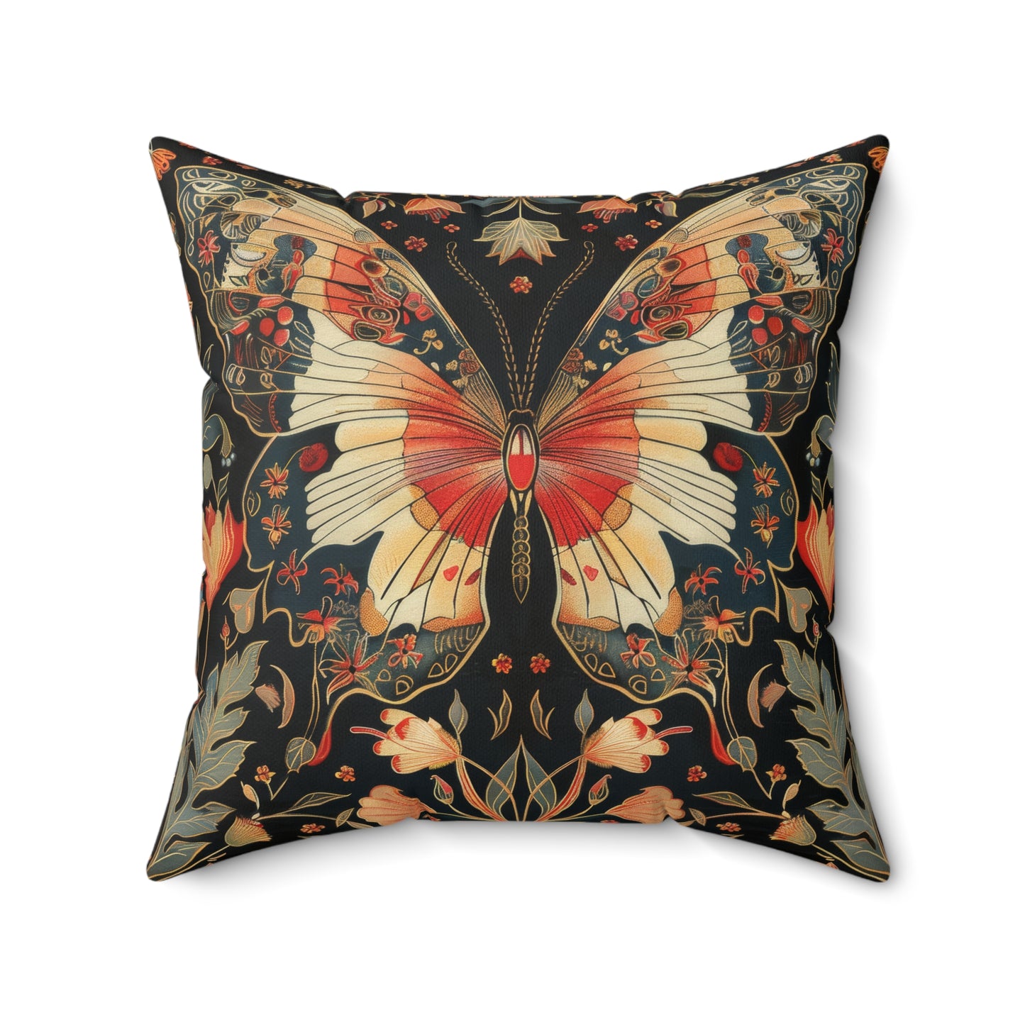 Enchanting Butterfly in the Style of William Morris, Woodland Blossoms Floral Botanical Pillow