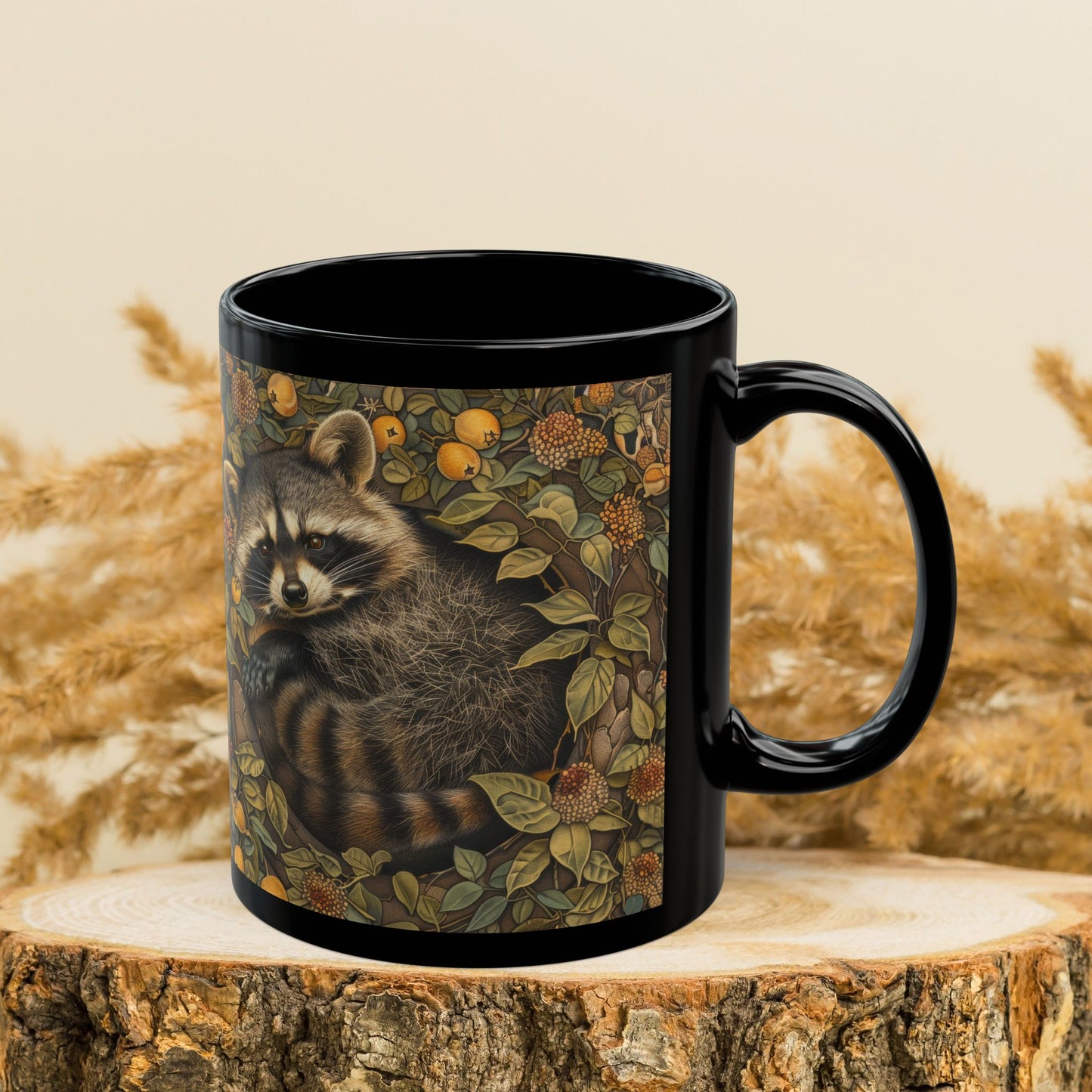 Woodland Raccoon William Morris Inspired Black Mug (11oz, 15oz)