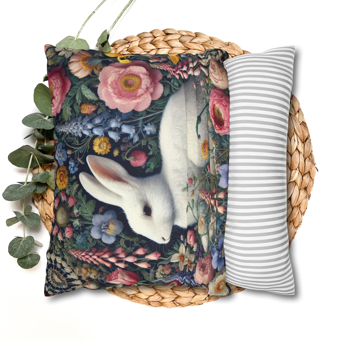 Floral Bunny Pillowcase, Cozy Home Decor, Cute Easter Gift, Soft Throw Pillow Cover, Spring Decoration