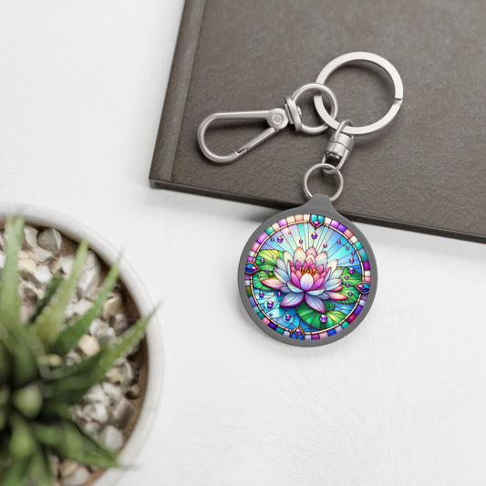 July Water Lily Keyring Tag Birth Month Flower, Water Lily Faux Watercolor Stained Glass,