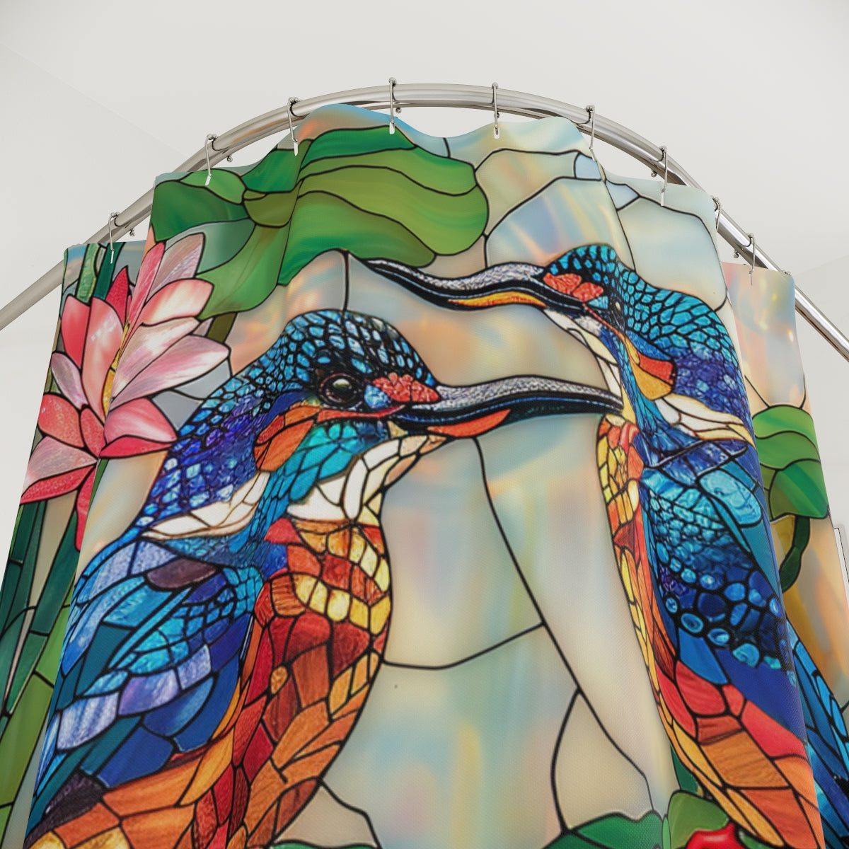 Faux Stained Glass Kingfishers and Water Lilies, Polyester Shower Curtain