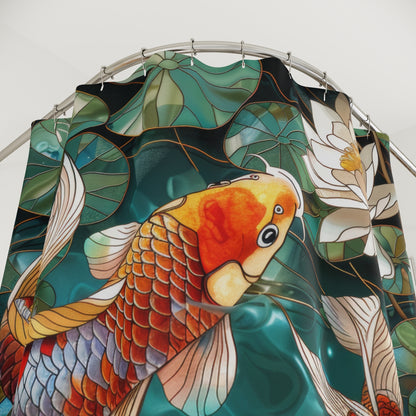 Faux Stained Glass Koi Fishes Water Lily Polyester Shower Curtain