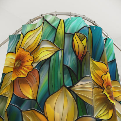 Faux Stained Glass Daffodil Flowers Polyester Shower Curtain