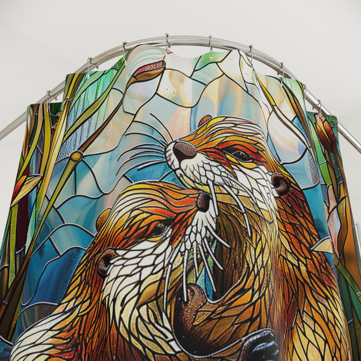 Stained Glass Otters Water Lilies, Polyester Shower Curtain