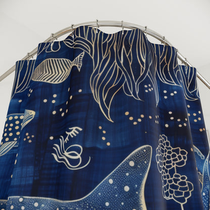 Indigo Ink Whale Shark Pattern Polyester Shower Curtain