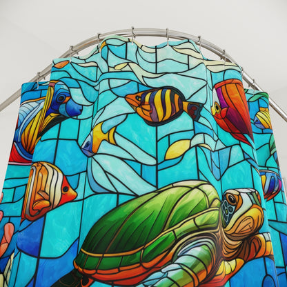 Stained Glass Colorful Tropical Fish, Sea Turtles, and Coral Reef Shower Curtains