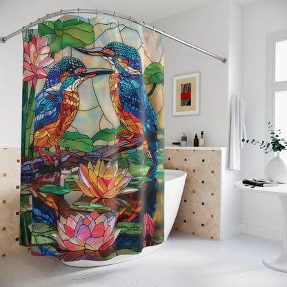 Faux Stained Glass Kingfishers and Water Lilies, Polyester Shower Curtain