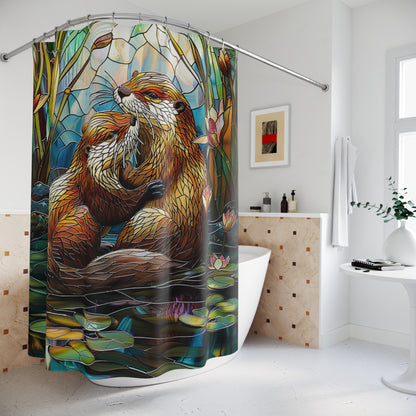 Stained Glass Otters Water Lilies, Polyester Shower Curtain