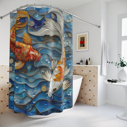 Stained Glass Koi Fishes Blue Wave Polyester Shower Curtain