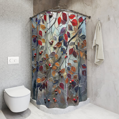 Stained Glass Fall Leaves And Berries Polyester Shower Curtain