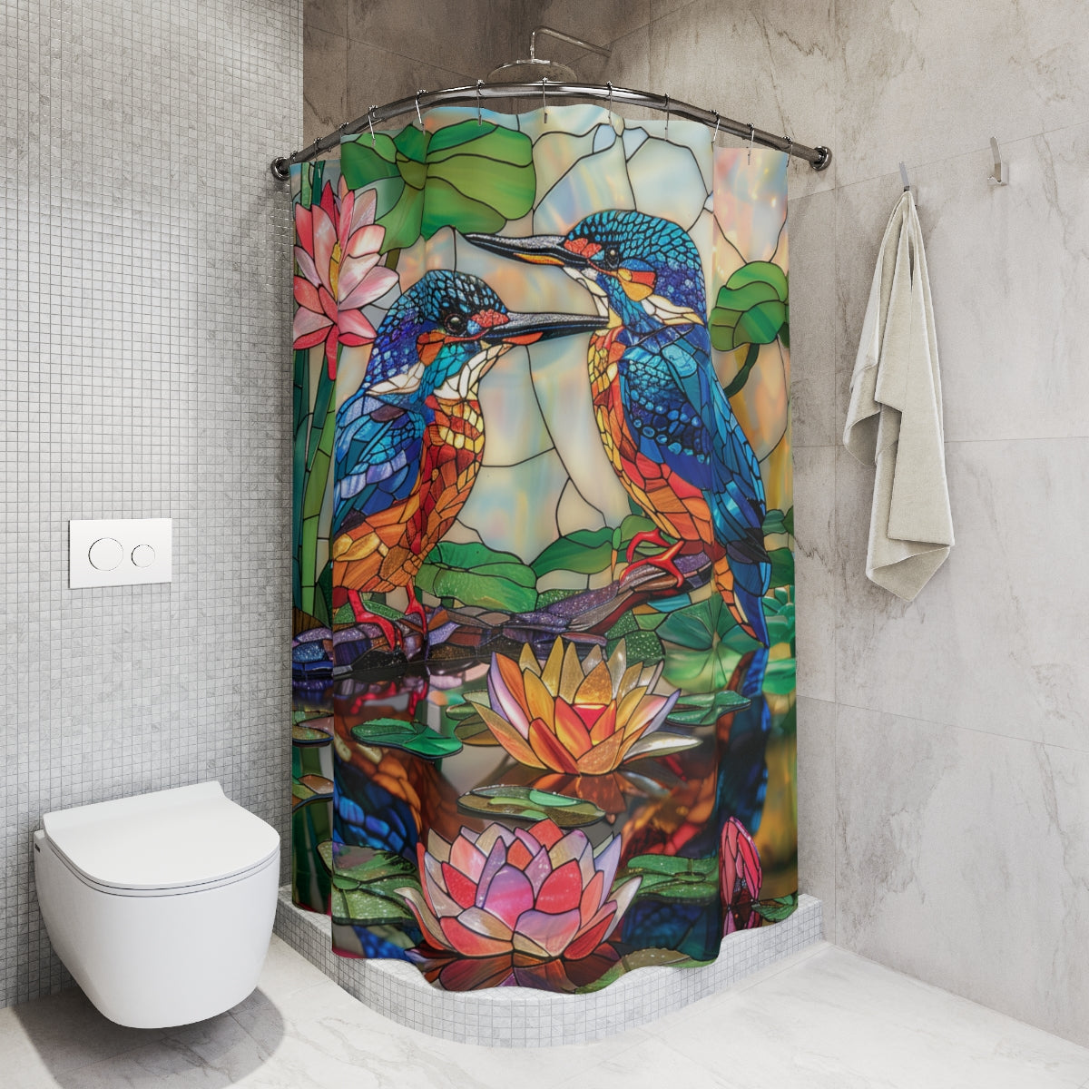 Faux Stained Glass Kingfishers and Water Lilies, Polyester Shower Curtain