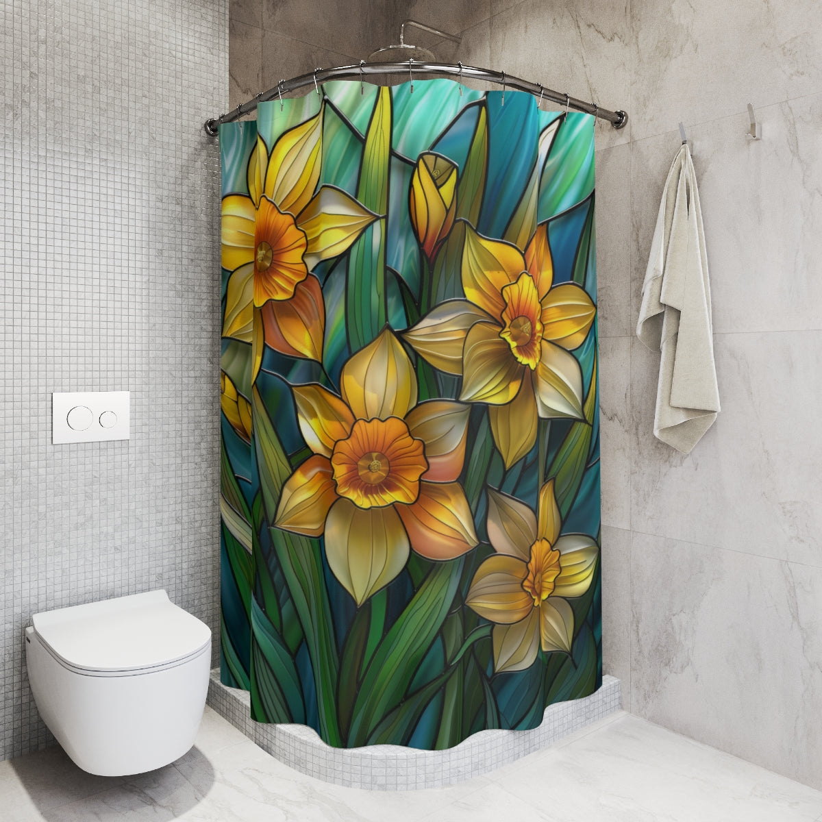 Faux Stained Glass Daffodil Flowers Polyester Shower Curtain