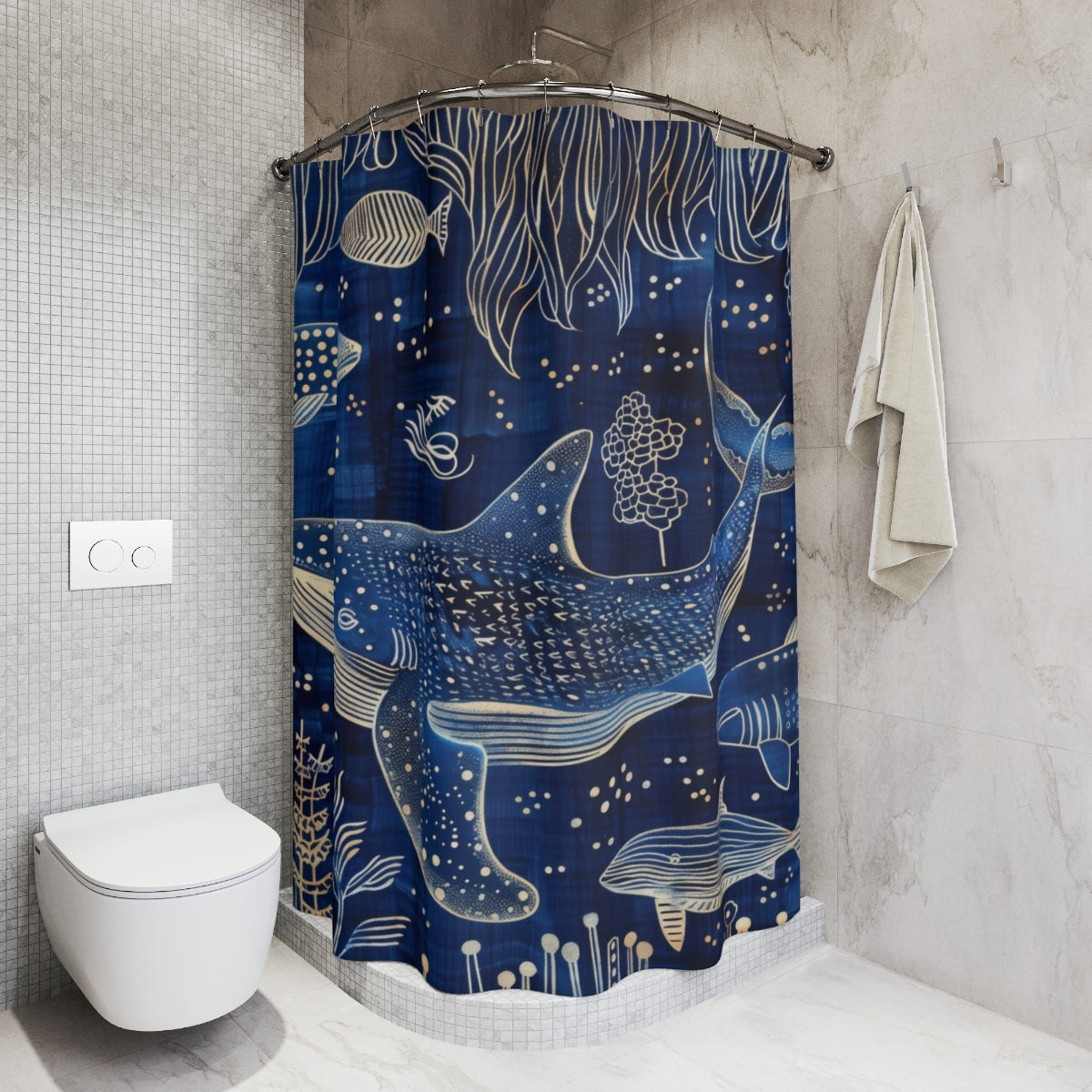 Indigo Ink Whale Shark Pattern Polyester Shower Curtain