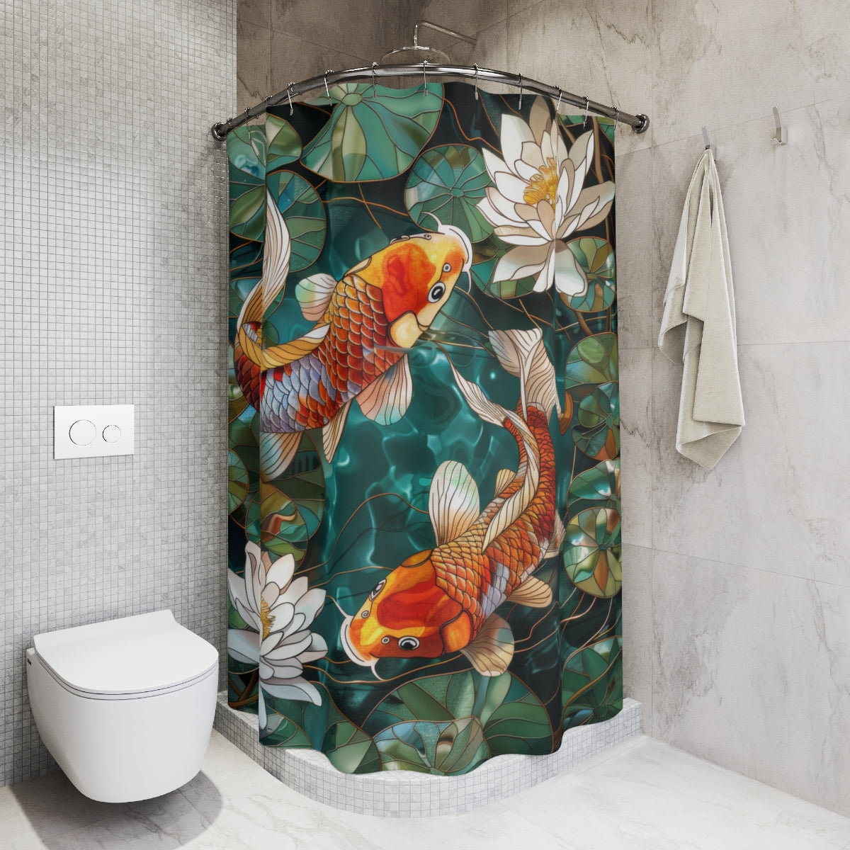 Faux Stained Glass Koi Fishes Water Lily Polyester Shower Curtain