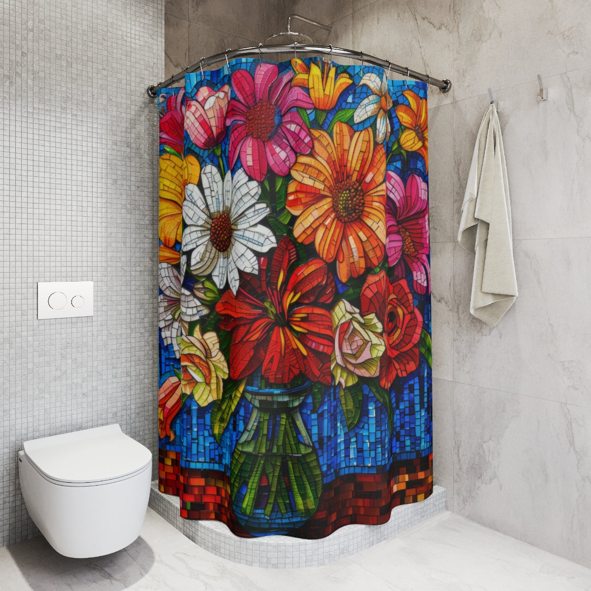 Mosaic Vibrant Bouquet Of Garden Flowers Polyester Shower Curtain