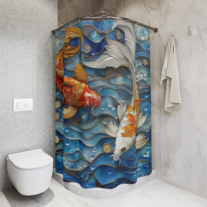 Stained Glass Koi Fishes Blue Wave Polyester Shower Curtain