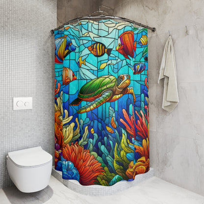 Stained Glass Colorful Tropical Fish, Sea Turtles, and Coral Reef Shower Curtains