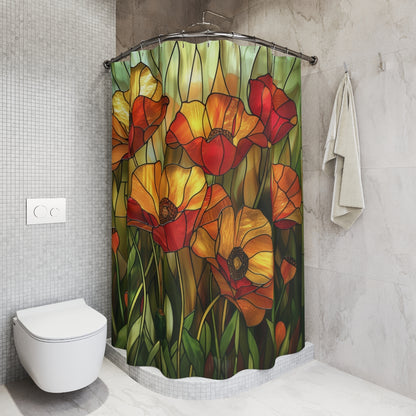 Faux Stained Glass Of Poppies Polyester Shower Curtain