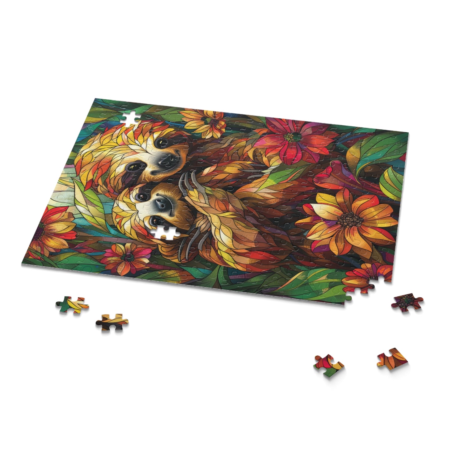 Faux Stained Glass Cuddling Sloth Puzzle Box (120, 252, 500-Piece) Family Jigsaw Puzzle, Puzzle Box Gift