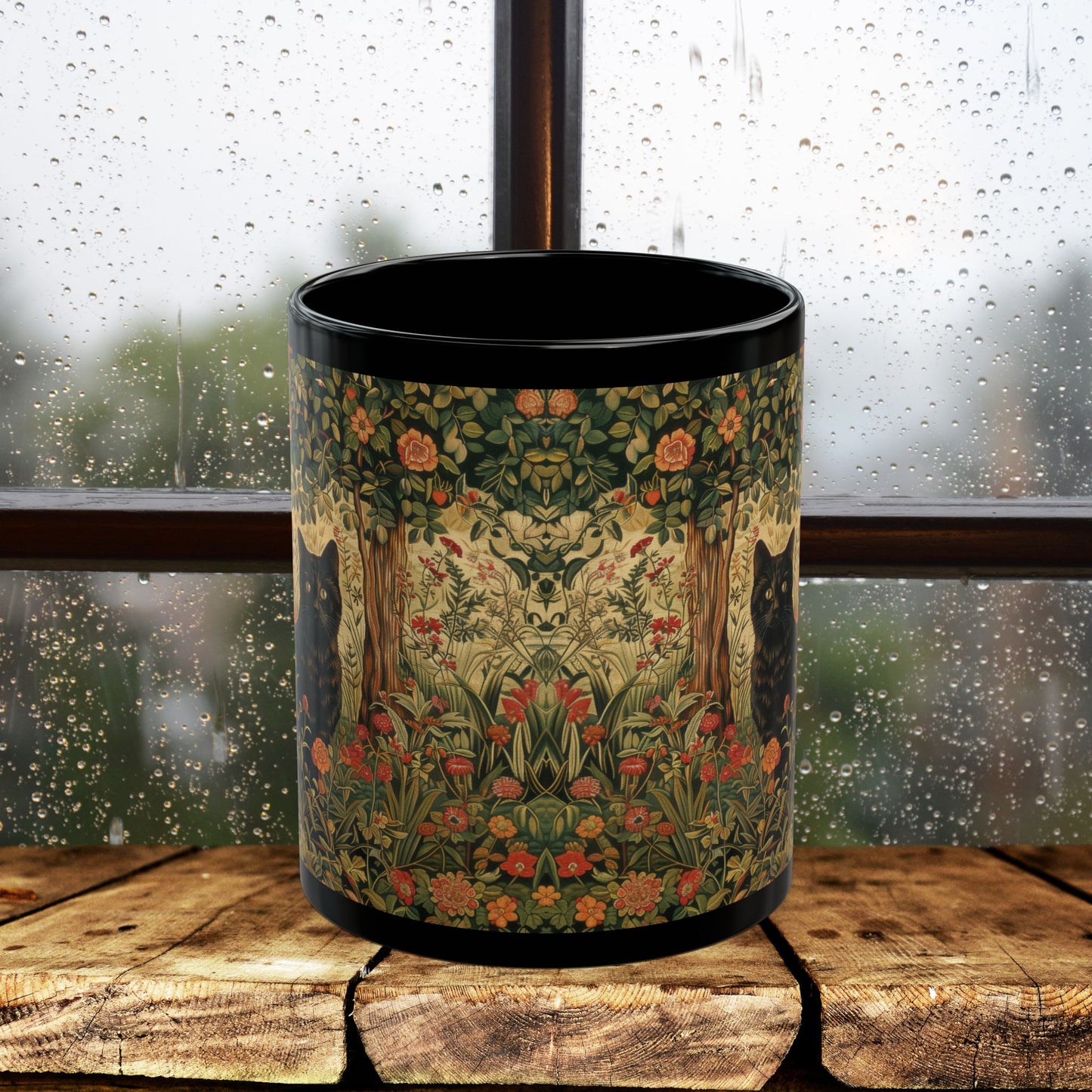 Black Cat Floral Mug, William Morris Style Botanical Cat Coffee Mug, Dark Academia Black Ceramic Mug 11oz & 15oz