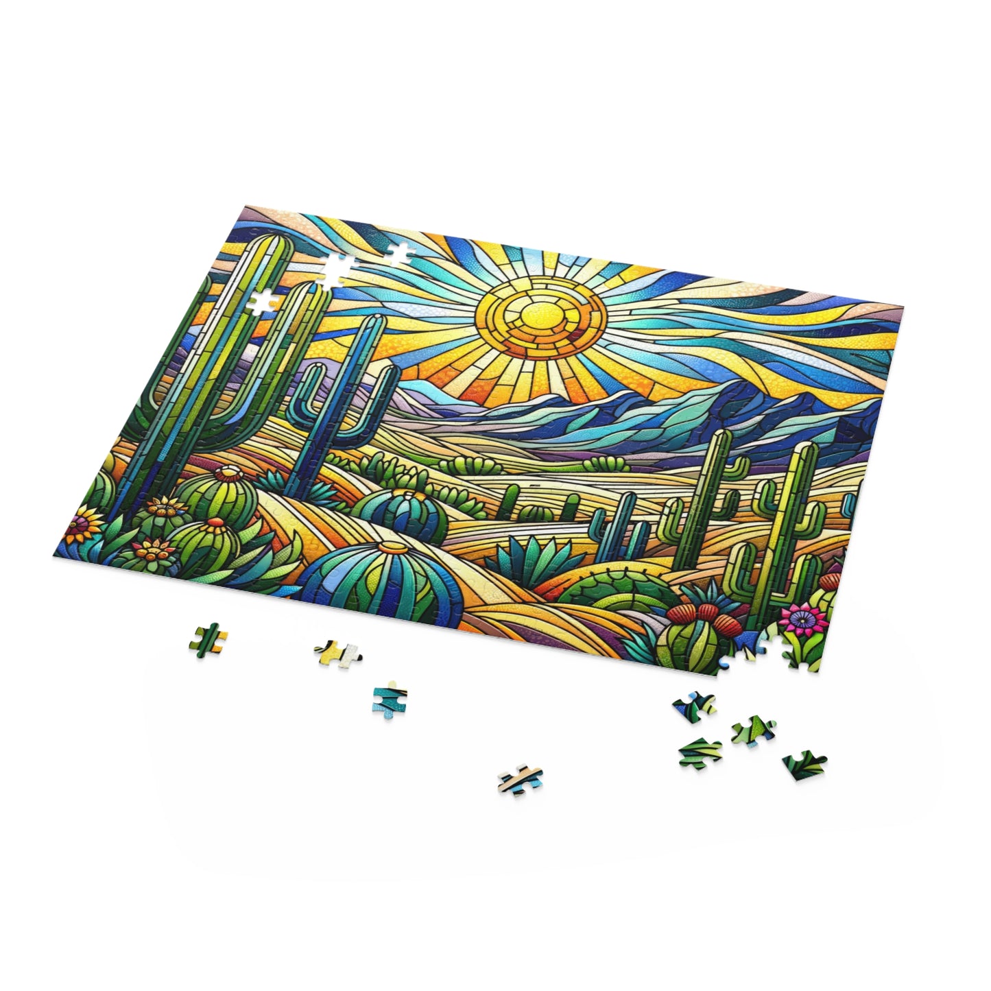 Cactus Dessert Scene Stained Glass Jigsaw Puzzle Box (120, 252, 500-Piece) Adult Jigsaw Puzzle, Gift Him Her