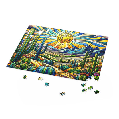 Cactus Dessert Scene Stained Glass Jigsaw Puzzle Box (120, 252, 500-Piece) Adult Jigsaw Puzzle, Gift Him Her