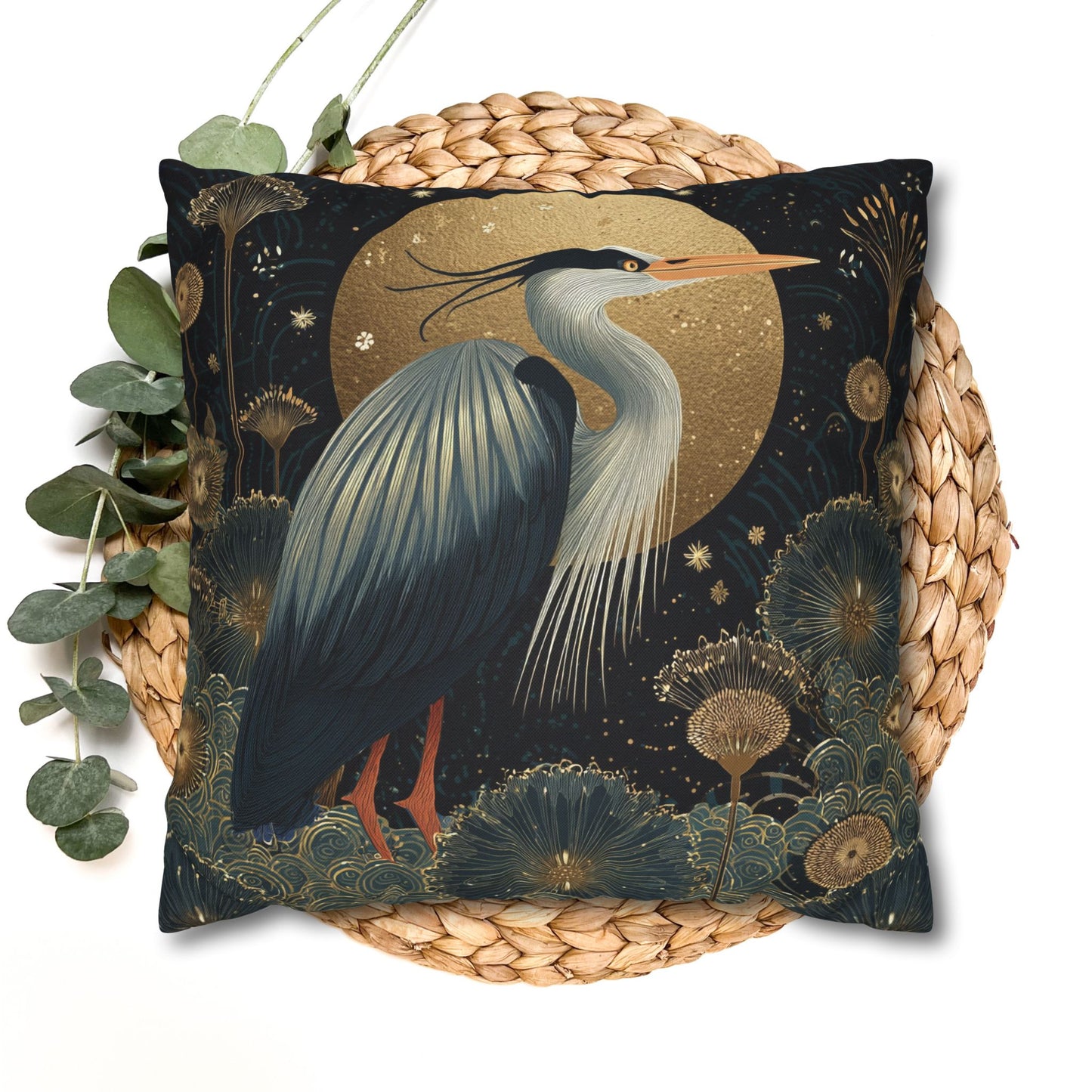 Heron Moon Decorative Pillowcase, Elegant Coastal Throw Pillow Cover