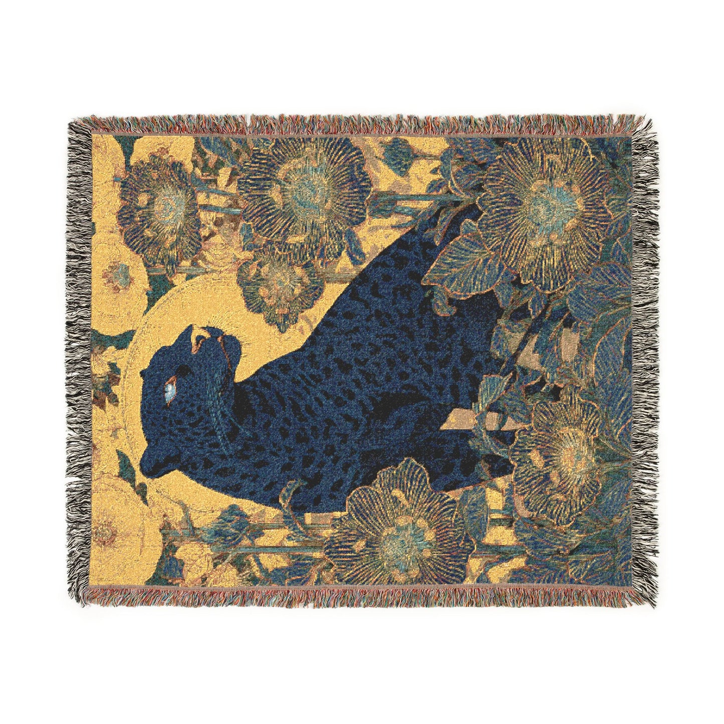 Midnight Bloom Panther Woven Blanket, Art Nouveau Floral Jungle Throw