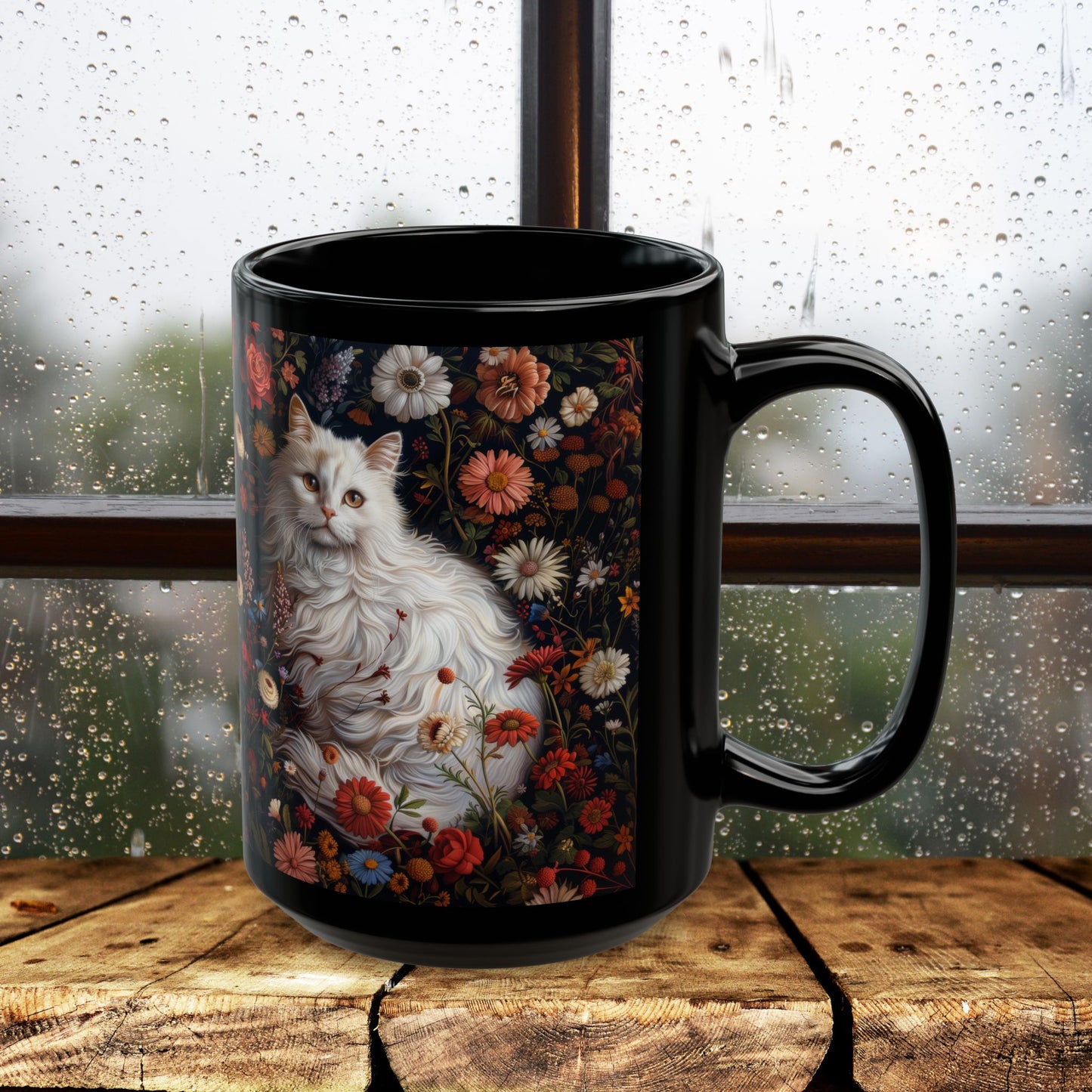 William Morris Inspired White Persian Cat Florals Garden Black Coffee Mug, Cat Lover Gift