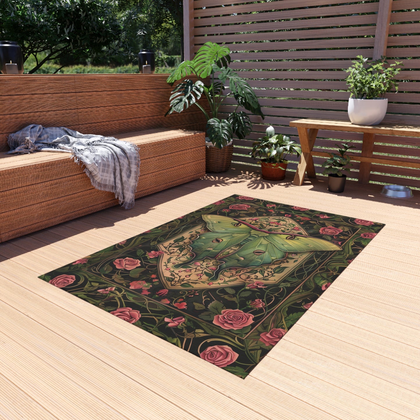 Outdoor Rug - Woodland Luna Moth Rose Garden Aesthetic Rectangle Area Rug | Woodland Luna Moth Rug | Goth Home Decor