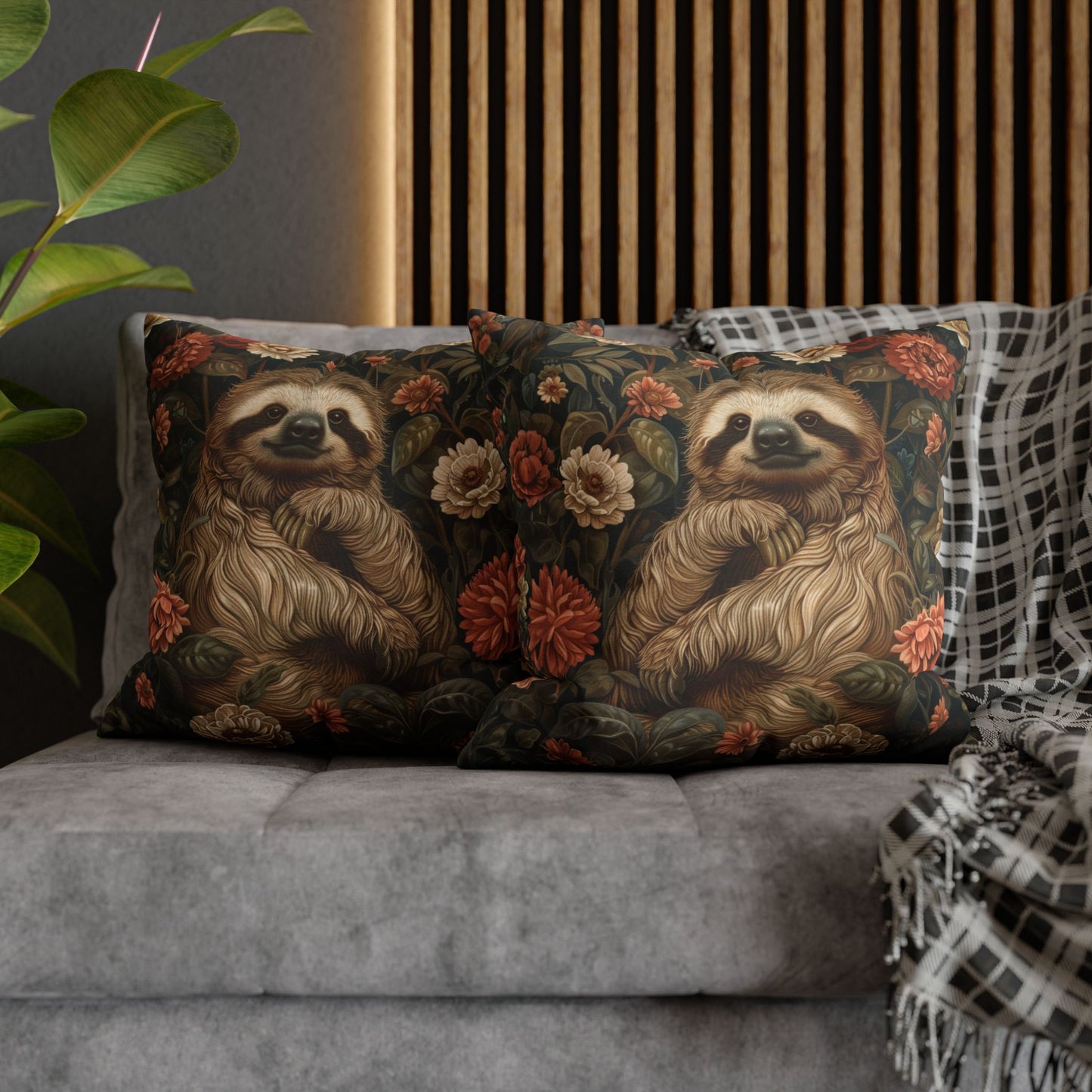 Botanical Sloth Pillowcase, Cozy Woodland Animal Cushion, William Morris Inspired Floral Throw Pillowcase