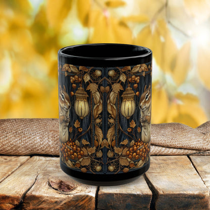 Mug - William Morris Inspired Chipmunk Among Acorn Lanterns Black Mug 11oz, 15oz