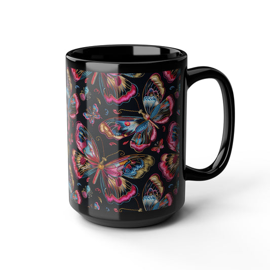 Pink Blue Butterfly Pattern Black Coffee Mug | Gift for Bird Lover Coffee Mug 11oz, 15oz