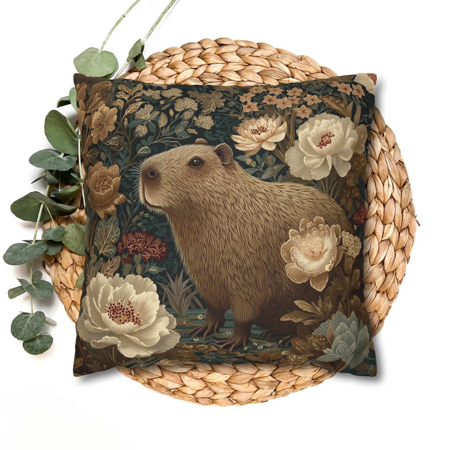 Capybara Botanical Pillowcase, William Morris Style Vintage Floral Animal Cushion