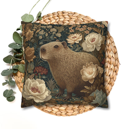 Capybara Botanical Pillowcase, William Morris Style Vintage Floral Animal Cushion