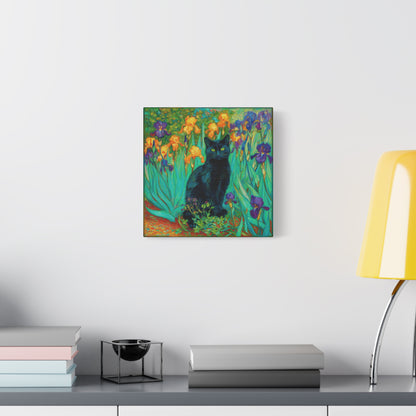 Black Cat Among Irises, Vibrant Floral Canvas Wall Art, Matte Stretched Canvas 1.25"