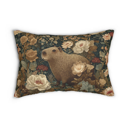 Vintage Floral Capybara Lumbar Pillow, Botanical Animal Accent Cushion