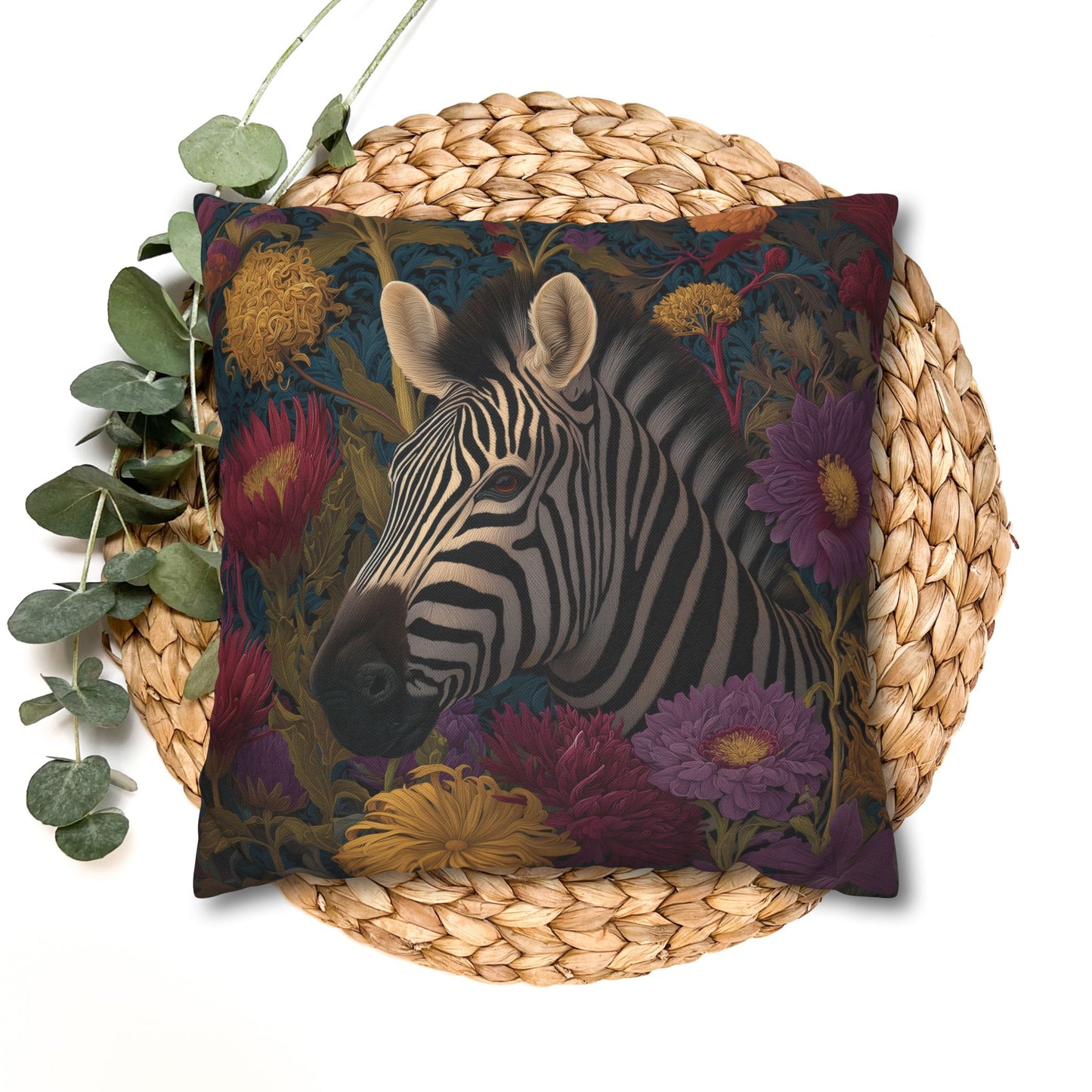 Vibrant Zebra Floral Pillowcase, William Morris Style Botanical Safari Animal Cushion