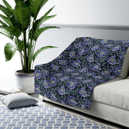 Embroidered Blue Purple Floral Sherpa Blanket, William Morris Floral Pattern, Cozy Throw, Unique Home Decor, Gift for Nature Lover