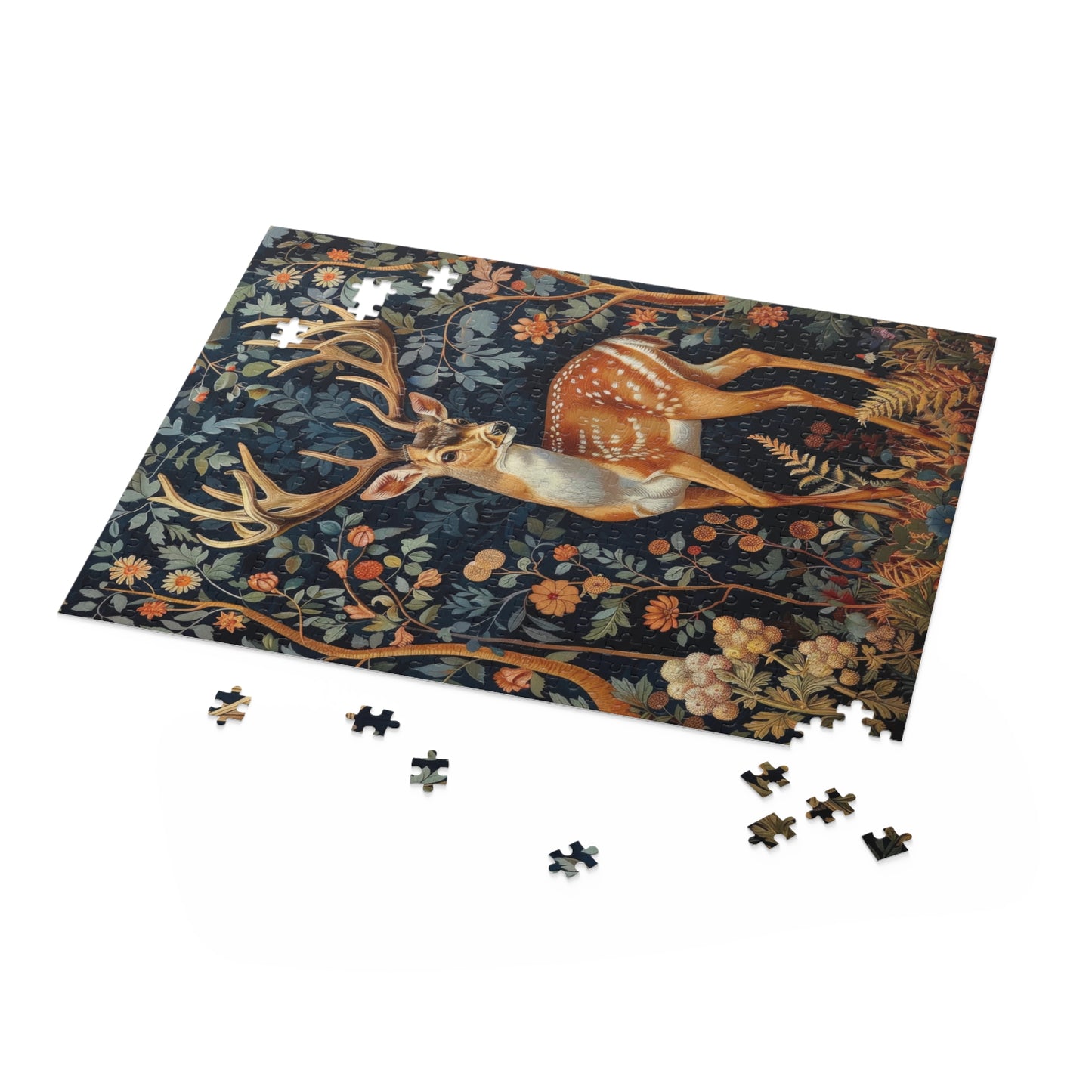 William Morris Inspired Forest Reindeer Puzzle Box (120, 252, 500-Piece) Family Jigsaw Puzzle, Puzzle Box Gift