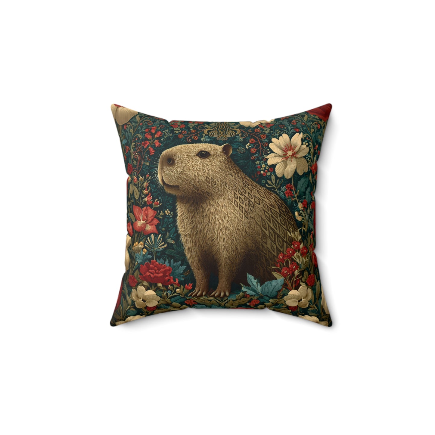 Capybara Floral Pillow, William Morris Style Botanical Animal Cushion for Cozy Home Decor
