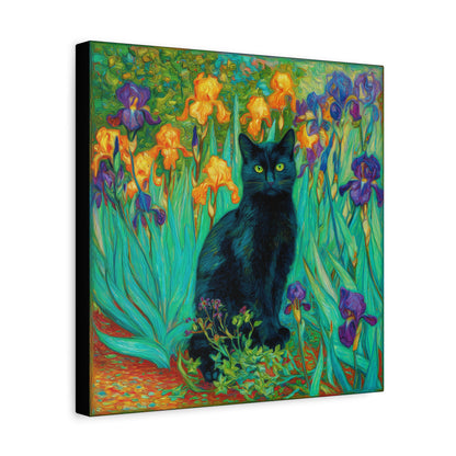 Black Cat Among Irises, Vibrant Floral Canvas Wall Art, Matte Stretched Canvas 1.25"