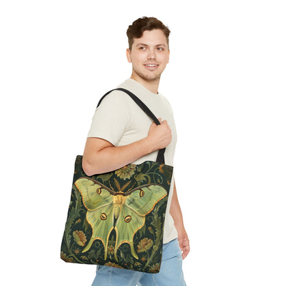 Luna Moth Botanical Tote Bag, William Morris Inspired, Sage Green Nature Bag